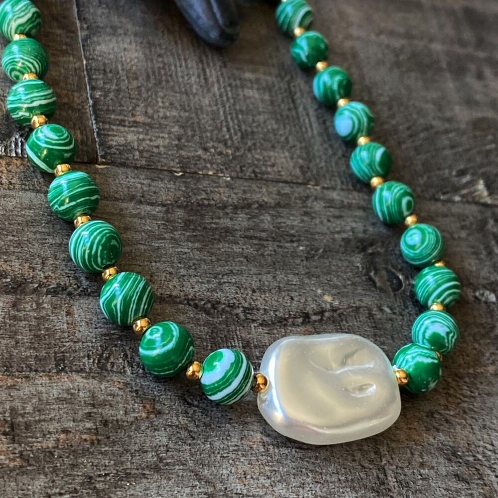 NEW Chunky Pearl & Malachite Beaded Necklace
